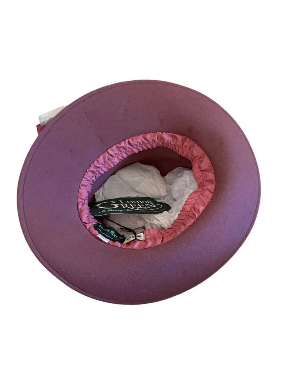 Louise Green Pink Wool Felt Wide Brim Hat Satin Ribbon  Rhinestone Embellishment
